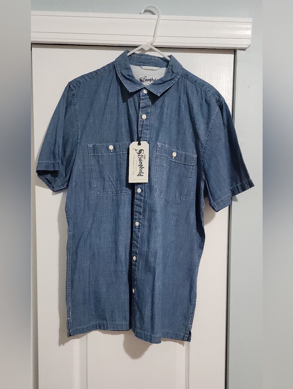 Slim Fit Short-Sleeve Denim Button-Down Shirt - Blue